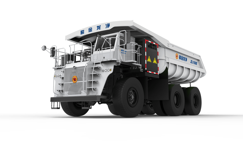 An electric mining dump truck with a large cargo bed, showcasing a modern and robust design, prominently displaying safety symbols and branding.