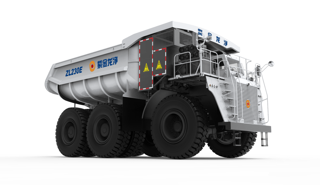 A large, modern dump truck model ZL230E, featuring a sturdy design with six oversized tires, a large cargo bed, and safety markings.
