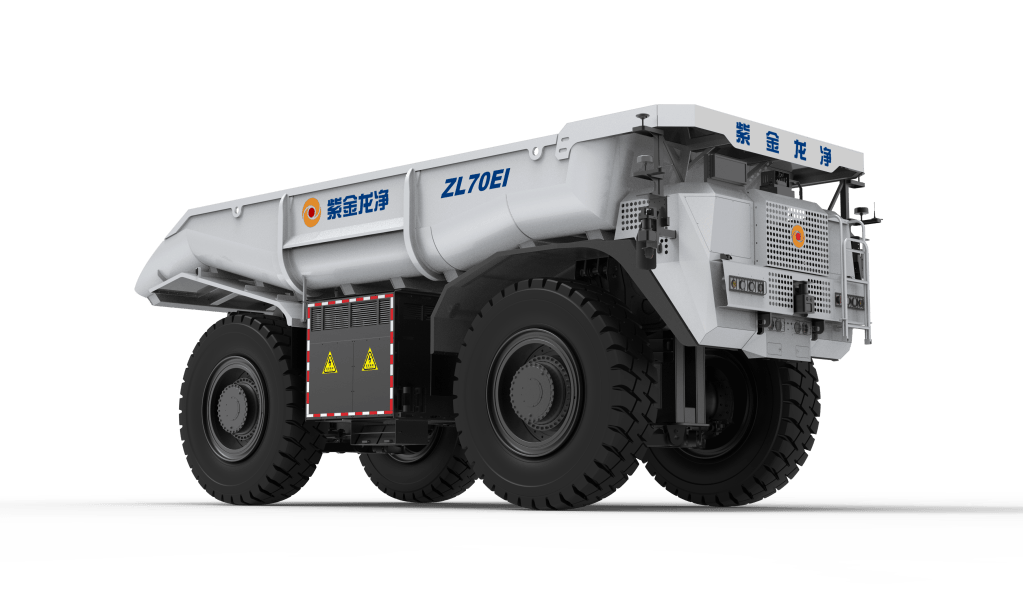 Side view of a large heavy-duty dump truck labeled ZL70E1, featuring oversized tires and a robust design, suitable for construction and mining operations.